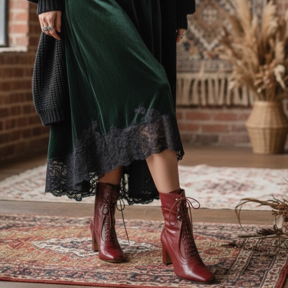 NWT Tabitha Simmons Victorian Style Leather Lace-Up Booties in Wine Sz 7